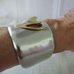 Diane von Furstenberg Silver & Gold Tone Heart 2" Wide Hinge Cuff Bracelet
